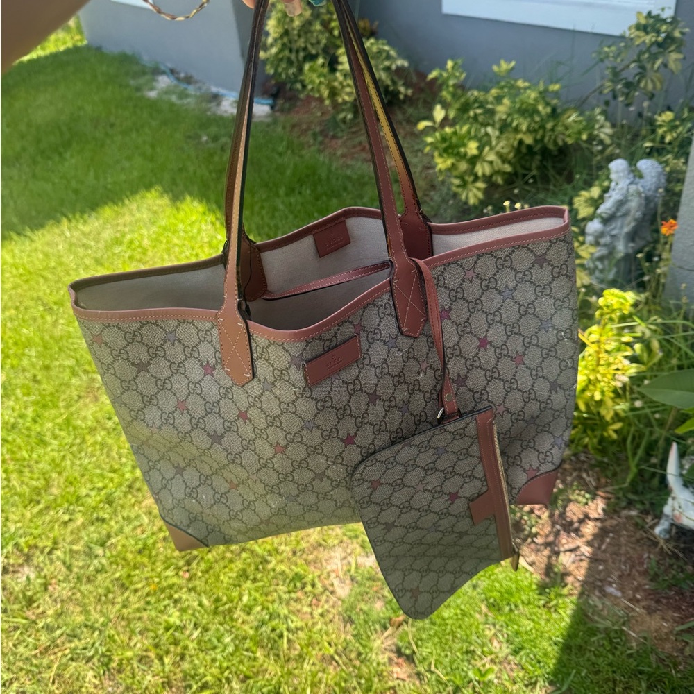 Gucci Women's Tote Bag GG Star Pattern Detachable Pouch Beige Brown Pink Purple - Picture 6 of 10